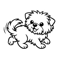 Cute running fluffy puppy dog in black and white outline chasing its tail
