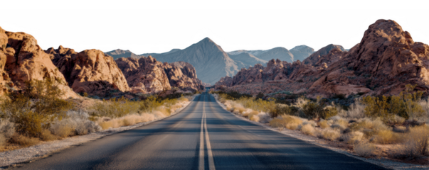 A long straight road stretching through the rugged desert mountains towards the horizon