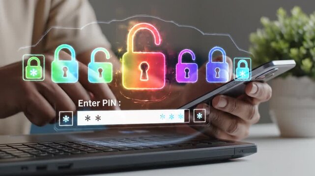 A person is shown using a smartphone and laptop with digital lock icons and a pin entry field displayed signifying data security