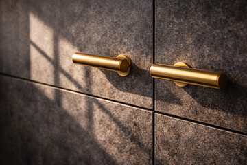 Macro close-up of brass cabinet handles on a stone kitchen facade with natural window shadows. Minimalist luxury interior detail, elegant textures and modern premium design.