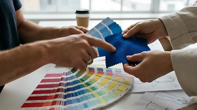 Fashion Designer Choosing Fabric Swatch and Matching Color Palette in Creative Studio