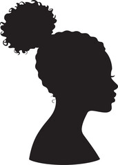 A striking black silhouette of a womans head in profile with a stylish high bun hairstyle