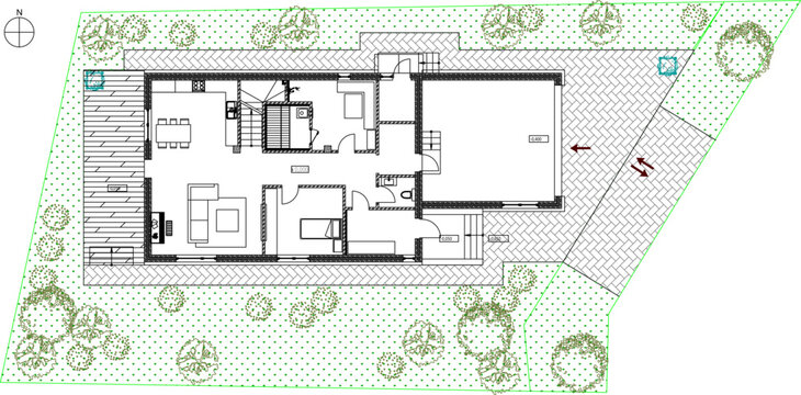 Detailed architectural site plan showing the house footprint, surrounding garden landscape with trees, paved driveway, and outdoor terrace areas