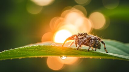 A spider perched on a leaf edge with dewdrop at sunrise with blurred background and warm light