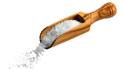 Salt pouring from wooden scoop isolated on transparent background