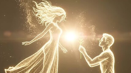 Love proposal couple animation expressing romantic emotion commitment passion and trust with glowing rose for Valentines Day celebration storytelling branding and commercial motion use