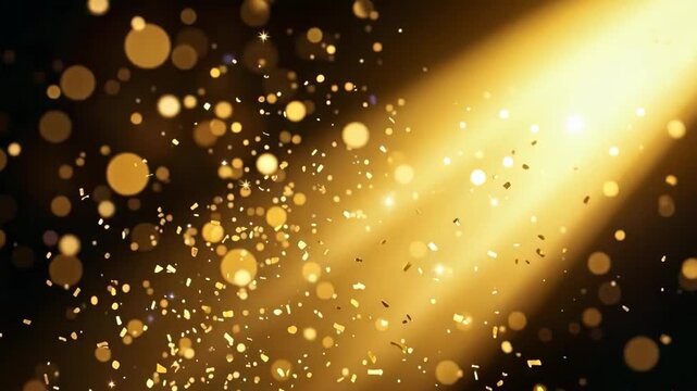 Bright yellow light shines on a gold and silver background with many small gold and silver stars.