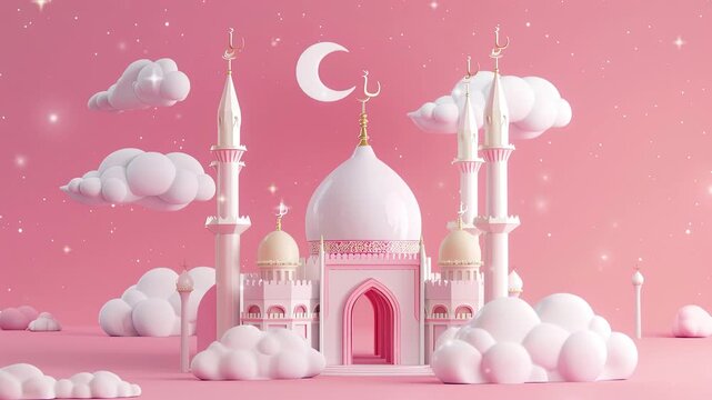 Vector Islamic Ramadan greeting background with cute 3D mosque and pink Islamic crescent moon studded with stars in warm Ramadan Kareem atmosphere.