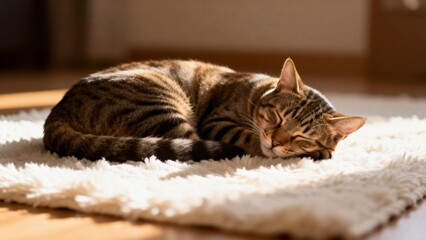 Tabby cat sleeping on fluffy rug