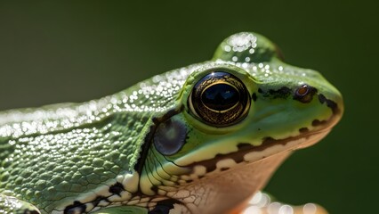A close-up view of a green frog's face with a shiny skin texture and large round eye, captured in a natural outdoor environment