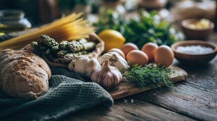 Rustic Italian cuisine ingredients composition, ready for cooking pasta dish