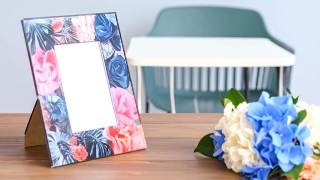 A floral picture frame leans on a wooden table, with flowers and a chair in the background