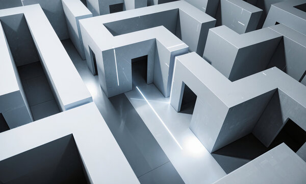 Metamaterial maze gallery Passages changing through programmable surfaces, walls redirecting perception, navigation through material properties, reality questioned at every turn