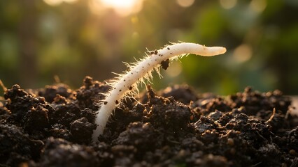 A white caterpillar emerging from dark soil, illuminated by sunlight, in a natural outdoor setting, captured from a close-up viewpoint, as seen in 152.jpg