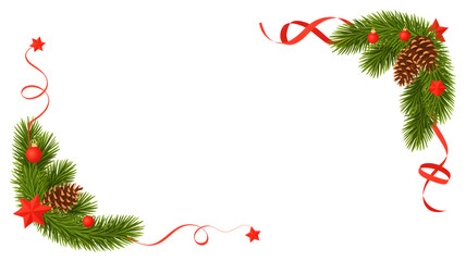 Festive Christmas border with pine branches and red decorations