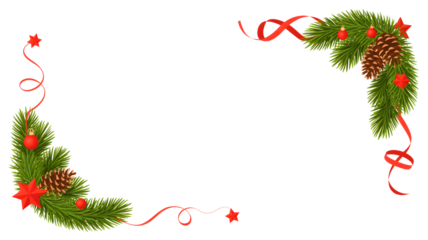 Festive Christmas border with pine branches and red decorations