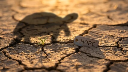A lone turtle traverses a parched, cracked landscape with a small sign of hope emerging in the arid terrain at sunrise from a low angle