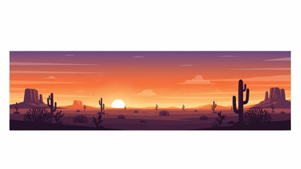 Naklejka premium Panoramic view of a desert landscape at sunset with silhouetted cacti and rock formations under a vibrant orange and purple sky.
