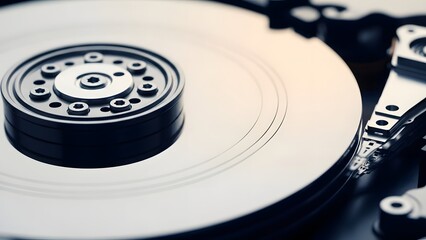 Close-up view of a hard disk drive with exposed disk and mechanical components
