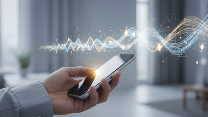 Person holding smartphone with sound waves emanating from it in a modern office environment