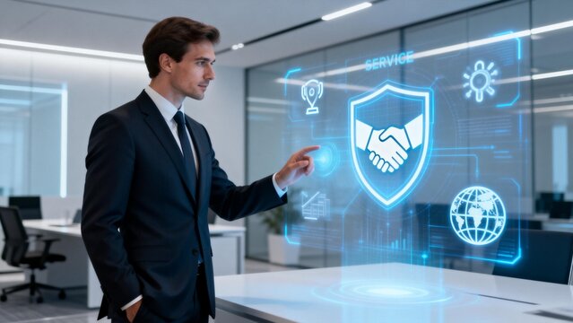 Businessman interacting with digital interface - Powered by Adobe