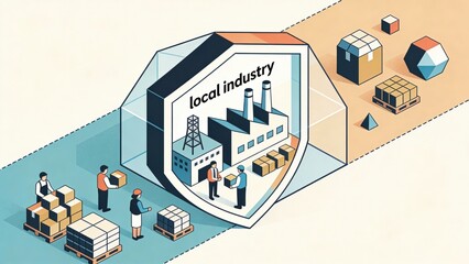 Trade protectionism - Factories and workers are depicted under protective measures, highlighting local industry while emphasizing the exclusion of foreign products in a flat design style.
