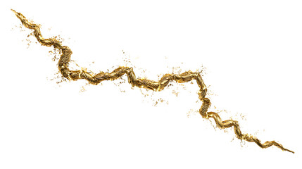 A jagged lightning bolt made of gold wire thin and sharp with sparks on a white background with electricity and energy and luxury and precious