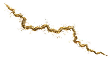 A jagged lightning bolt made of gold wire thin and sharp with sparks on a white background with electricity and energy and luxury and precious