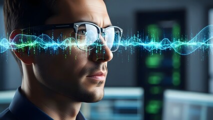 A man wearing glasses looks forward with a futuristic blue sound wave graphic overlay on his face in a high-tech office environment.