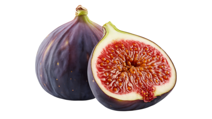 Fresh purple fig fruit with one half sliced open revealing red interior and seeds