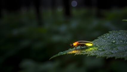 Realistic night macro photography of firefly glowing naturally while resting on leaf