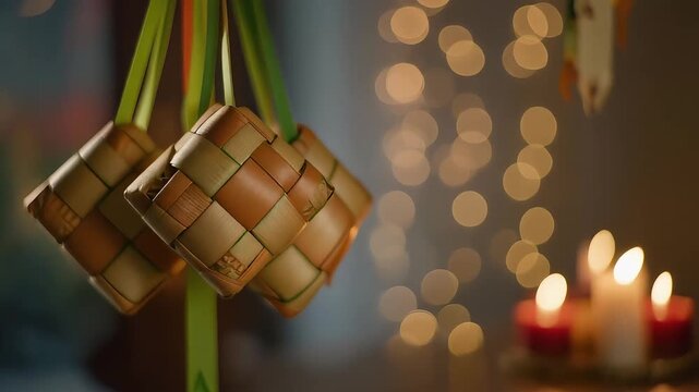 Elegant Eid ketupat decorations glowing in candlelight bokeh