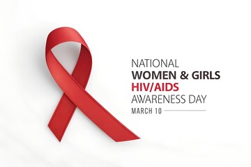 National HIV AIDS Awareness Day graphic featuring the iconic red awareness ribbon prominently displayed alongside the observance date of March 10th focusing on women and girls.