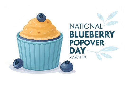 Illustration celebrating national blueberry popover day on march 10 featuring a delicious frosted cupcake garnished with a fresh blueberry and loose berries nearby