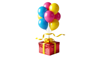 Colorful balloons floating above a gift box with a golden ribbon