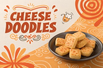 Deliciously cheesy bite sized cheese doodles snacks presented on a dark plate against a vibrant retro graphic background featuring stylized text and playful illustrations perfect for advertising.
