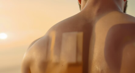 Man with Back Tattoos Standing Outdoors at Sunset with Warm Lighting