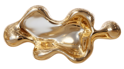 Large abstract blob of mercury like liquid gold on white background with smooth reflective surface and organic shape with luxury and metallic