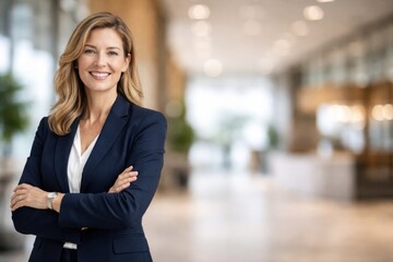Fototapeta premium A confident businesswoman smiling and standing in a modern office lobby. She is dressed in a professional dark suit with her arms crossed, showcasing a welcoming and confident demeanor.