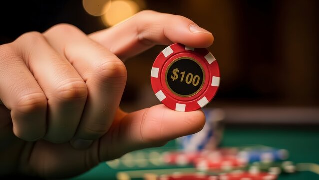 Hand holding red poker chip with 100 value.