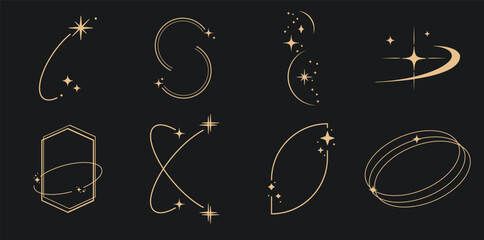 Sparkle star frame. wreath round stardust border for party, birthday decor design. laurel frame with, cosmic glitter shine. isolated black flat vector illustration. © yoojin