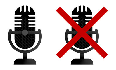 Microphone mute and unmute icon illustration showing audio control status, sound permission, privacy setting, and communication restriction, interface, online meeting, recording control concept