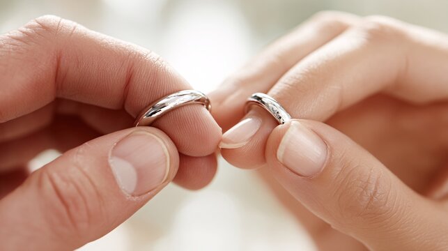 Close-Up of Hands Holding Two Wedding Rings in Soft Focus Background