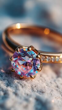 Elegant gold ring with sparkling gemstone on a textured surface