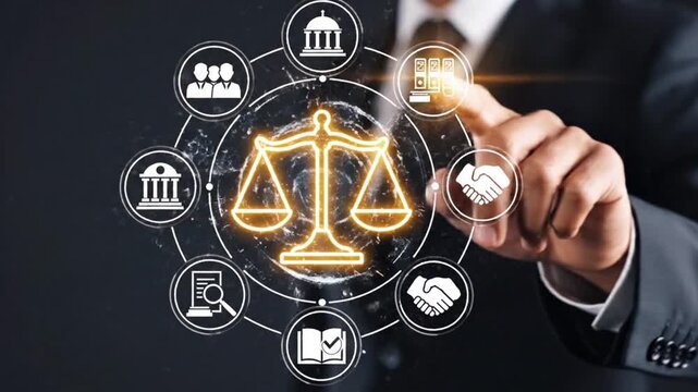 A businessman interacts with a digital interface displaying legal concepts such as justice law contracts and representation signifying modern legal technology