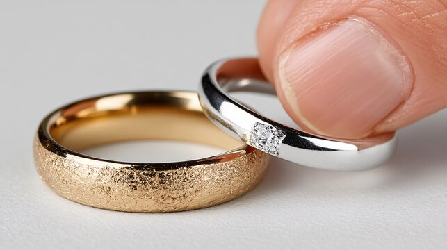 Close-Up of Elegant Gold and Silver Wedding Rings with Finger