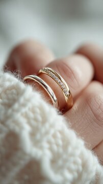 Elegant Gold and Diamond Wedding Rings on Hand Close-Up