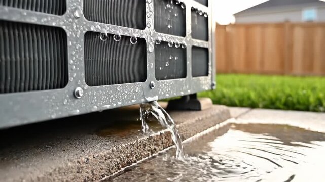 Close-Up of Water Leaking and Dripping from an Outdoor Air Conditioner Unit AC Condenser, HVAC Maintenance Concept 4k video
