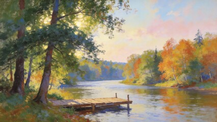 Fototapeta premium Autumnal river landscape with dock