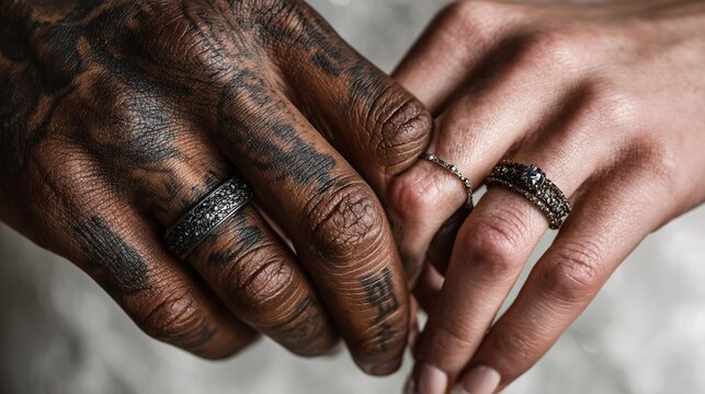 Close-Up of Tattooed Hands Showcasing Wedding Rings on Diverse Couple